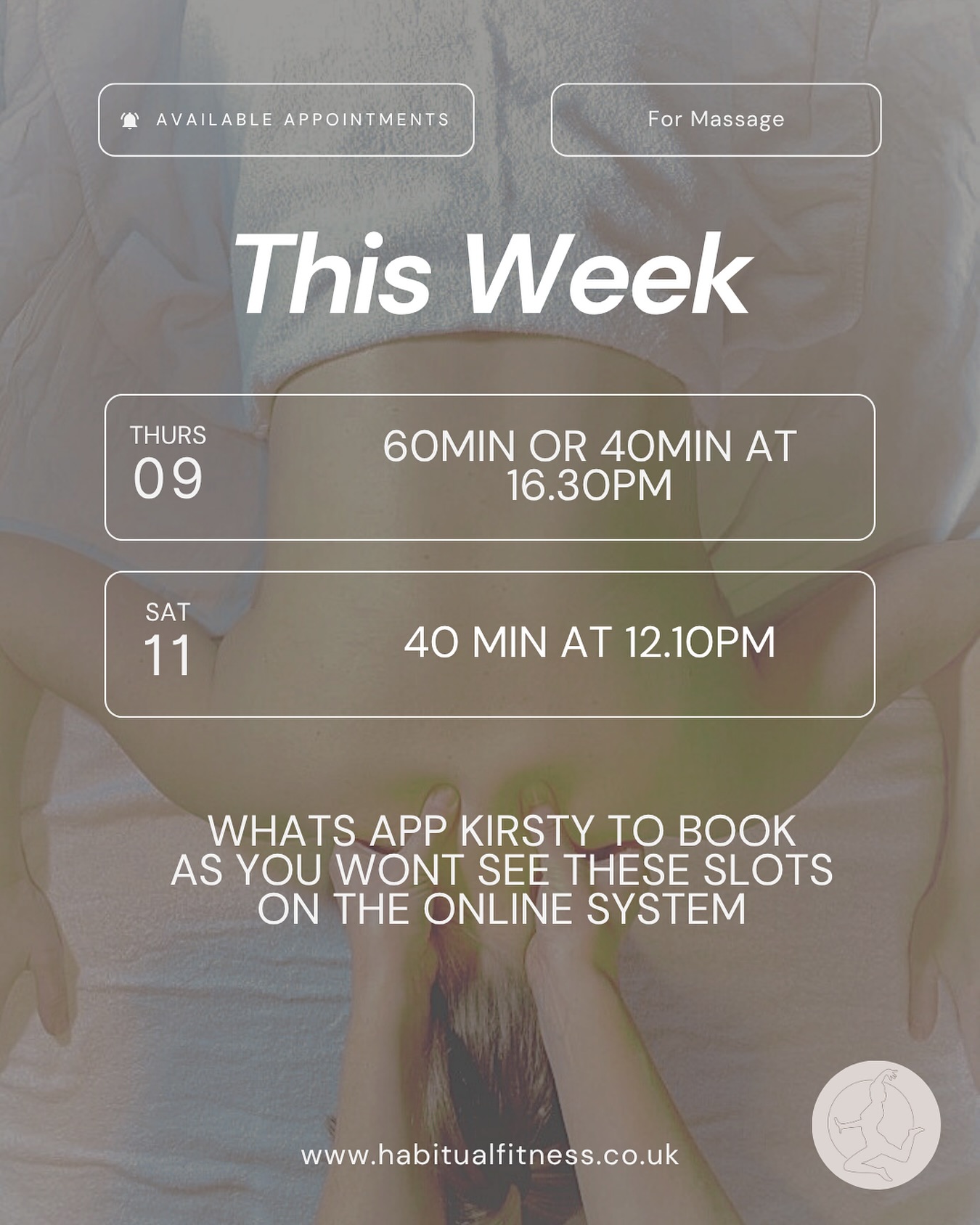 A couple of last minute appointments for massage have become available this week. 

In need? What’s app me to book (I will not see any other messages so don’t DM me on Insta or email).. phone number is on my website. 

Thursdays 9th Oct (today!) is available for a 60 min or 40 min massage at 4.30pm
Saturdays 11th Oct is available for a 40 min massage at 12.10pm

Let me know if you want in. 

#massage #manchestermassage #chorlton #chorltonrunners #chorltonvelo